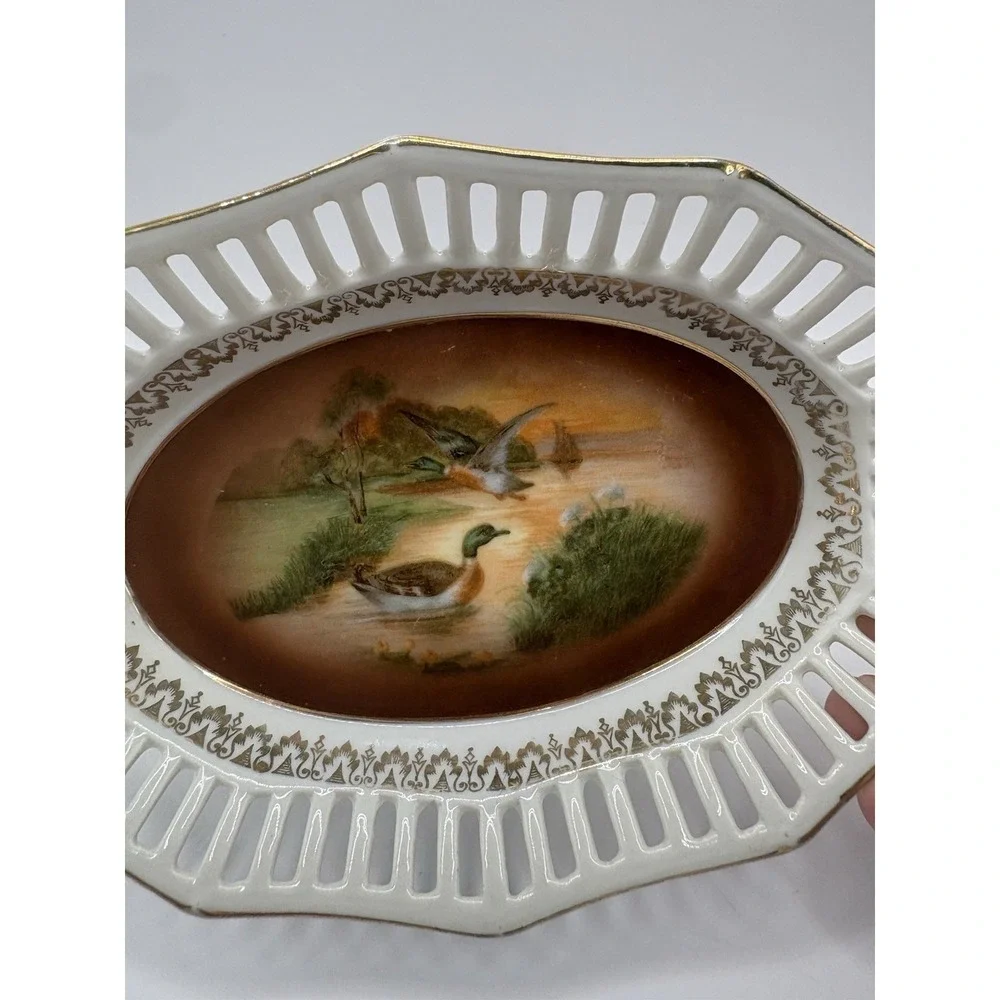 Bavaria Germany Duck Mallard Scene Oval Trinket Dish w/gold edge